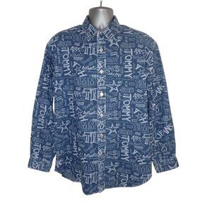 Tommy Jeans Button Down Shirt Mens L Spellout all Over Print Blue Flip Cuff‎